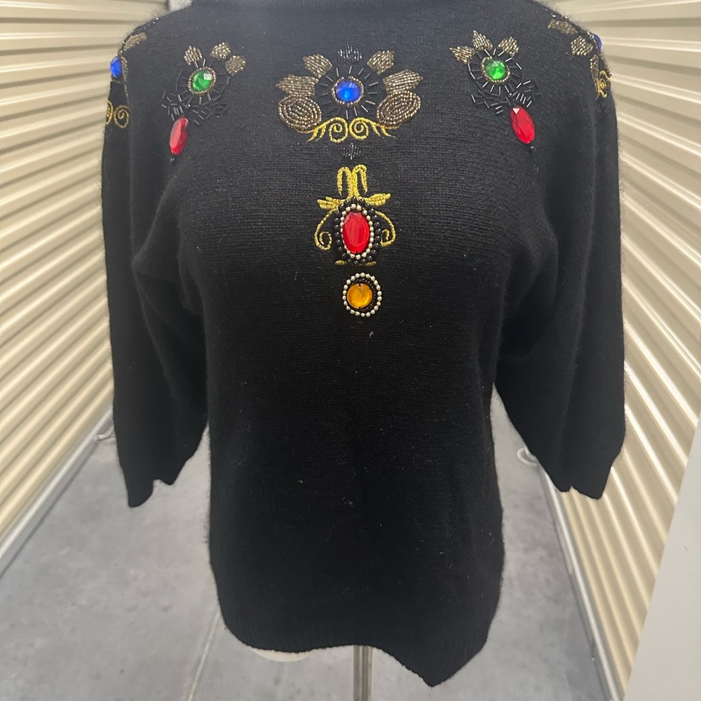 Vintage Angora blend Sweater with Colorful Gem Details